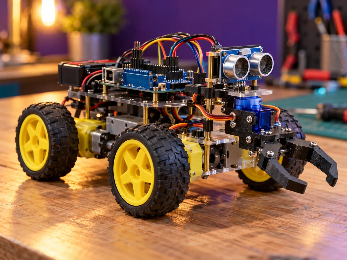 Robot móvil con placa Arduino, sensor ultrasónico y pinza sobre una mesa de trabajo.